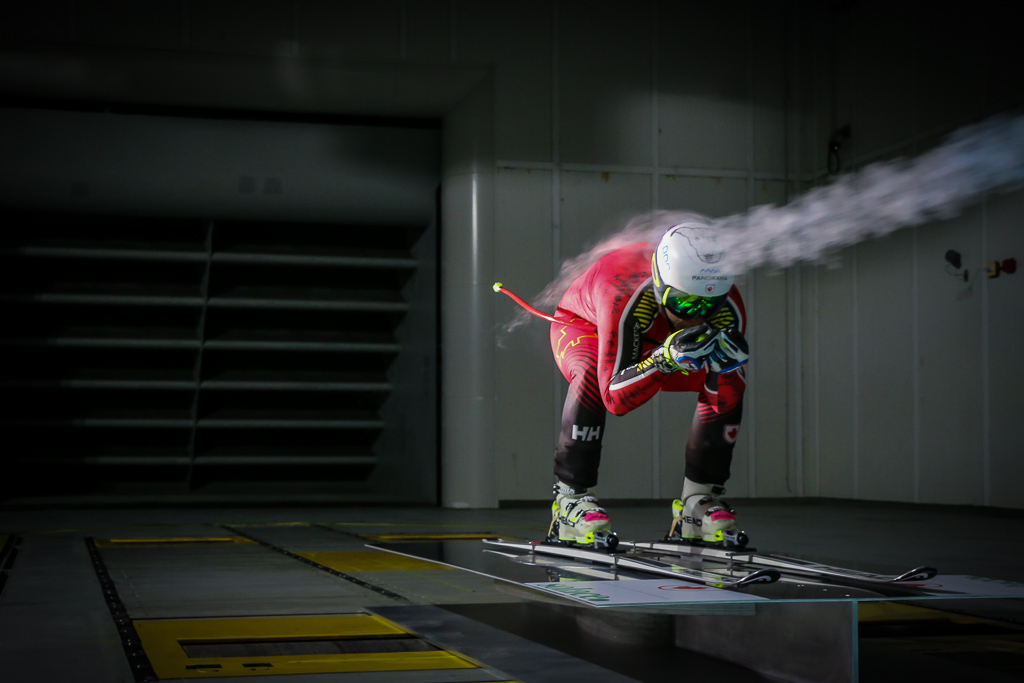 Alpine ski test, skier with smoke. 