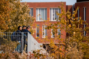 Three students stand outside on campus, leaning against a metal railing looking at the fall trees.