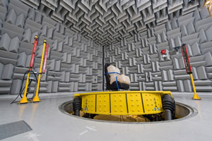 Car seat being testing on Multi-Axis Shaker Table in Anechoic Chamber
