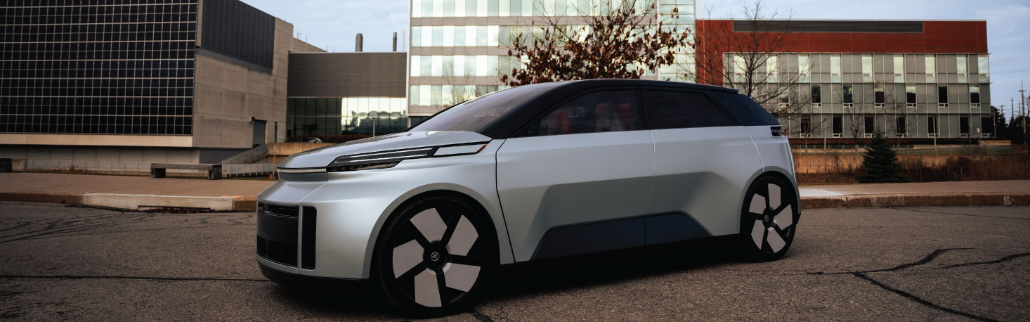 Project Arrow electric vehicle is parked outside at Ontario Tech's north Oshawa campus.