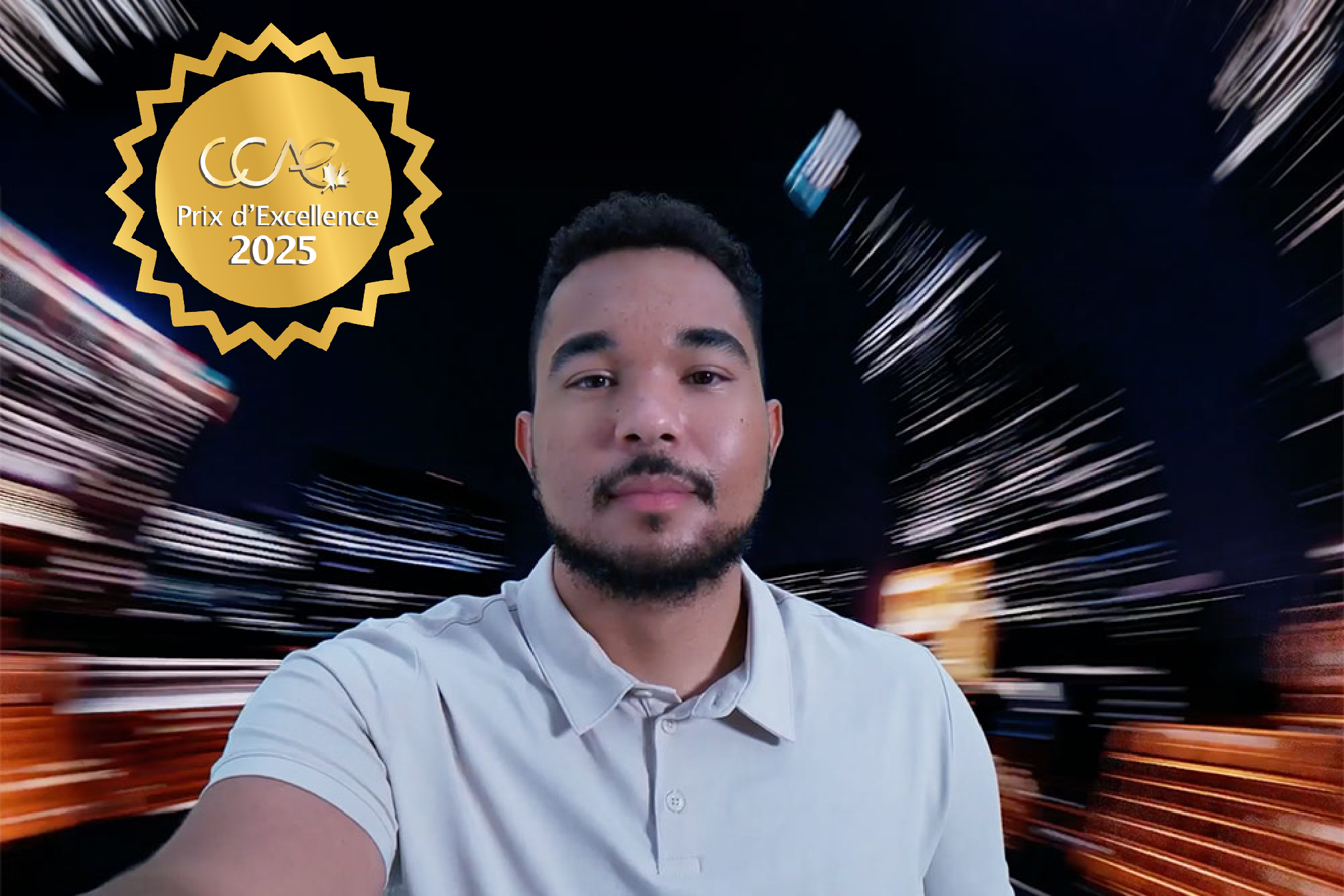 Tech with a Conscience campaign launch video still image featuring a student and Prix d'Excellence gold medallion.