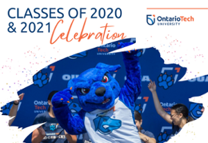 Text reads 2020 and 2021 Celebration as Hunter, the Ontario Tech mascot, cheers.