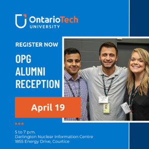 A promotional image for the 2023 Ontario Tech Alumni event at OPG