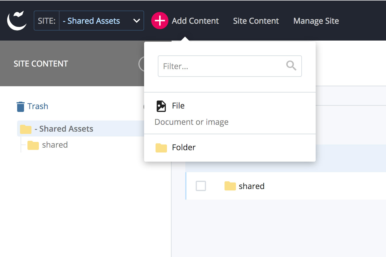 Add content options - shared assets