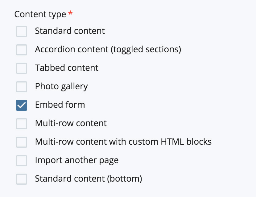 Choose the Embed Form Content Type