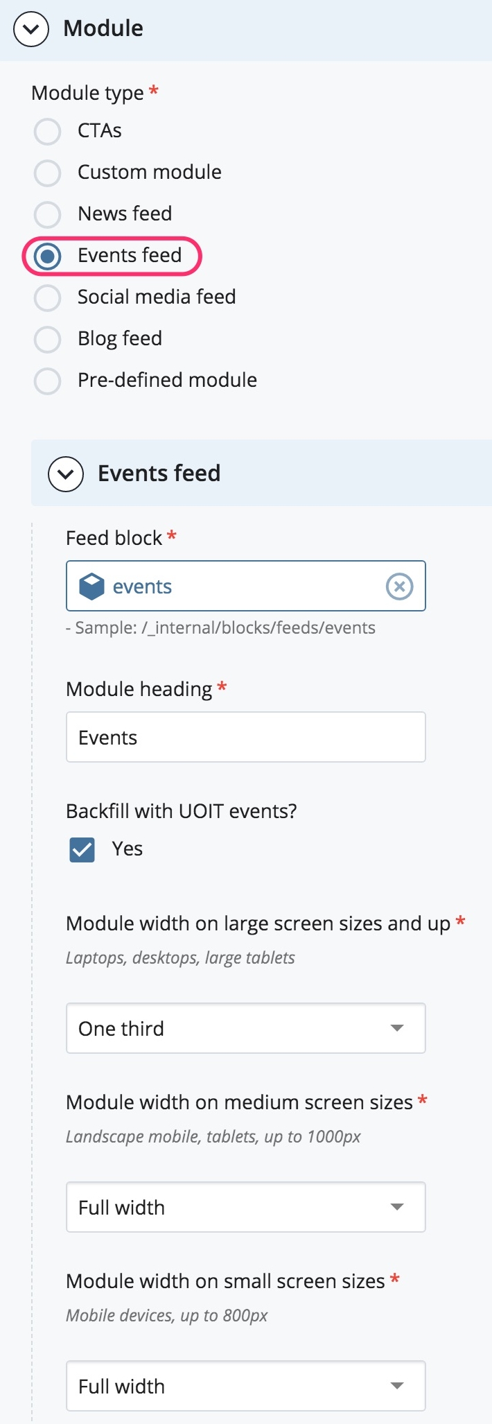 Select News Feed Module option screenshot