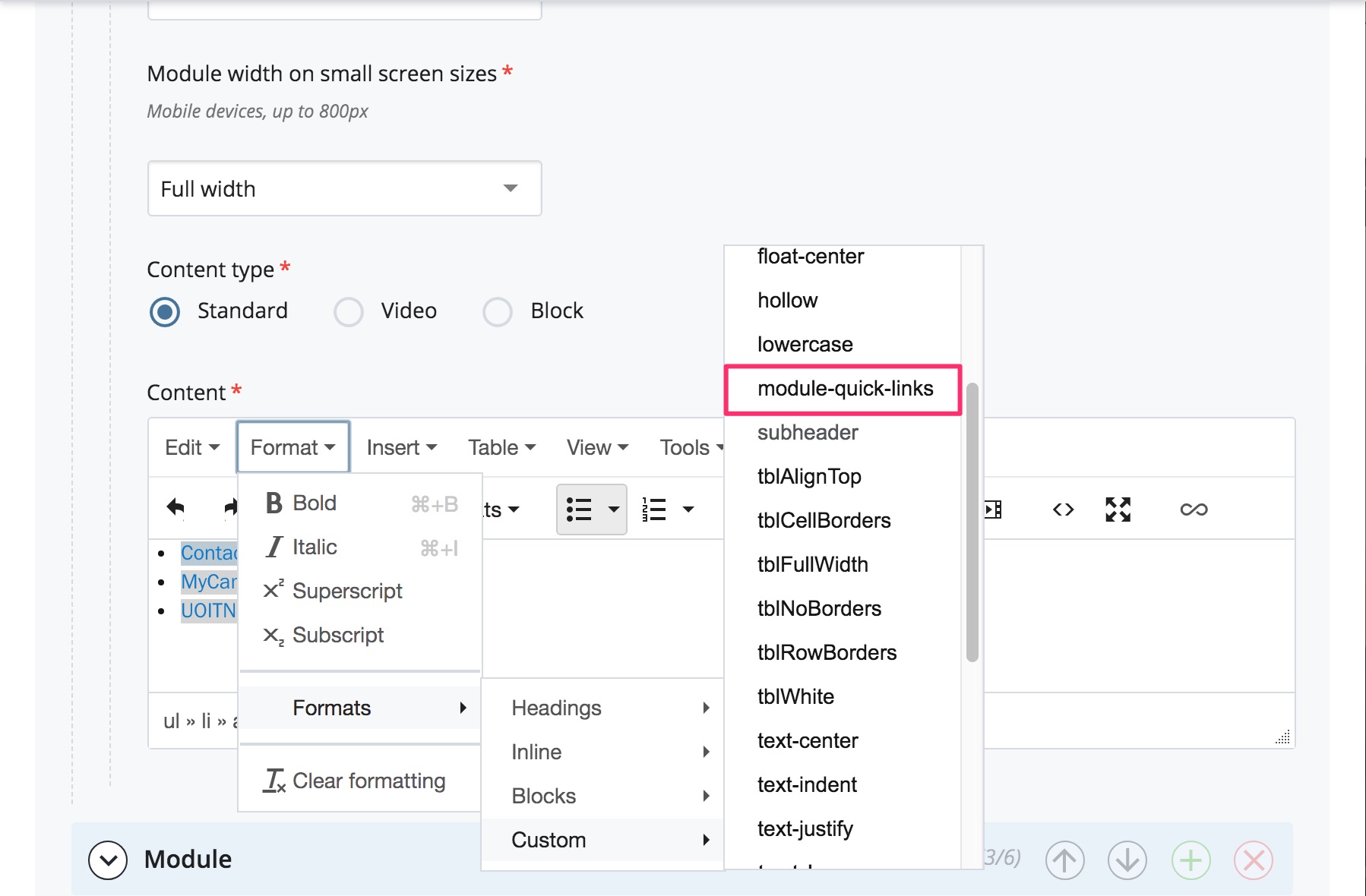 Module settings in CMS