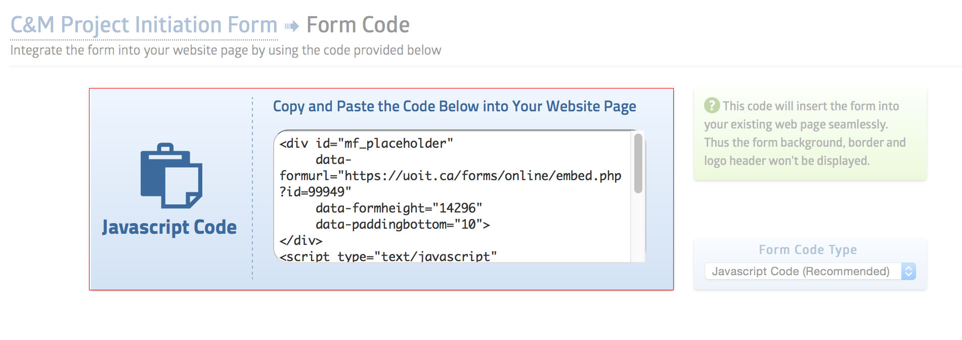 Copy Code screenshot from Machform
