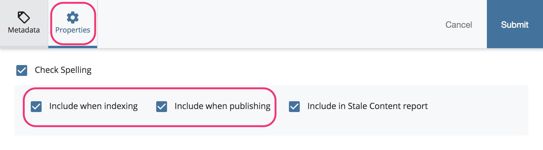 Screenshot: Uncheck Include when publishing and uncheck Include when indexing