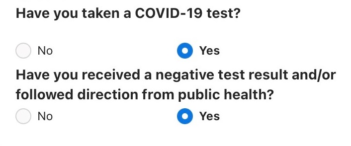 Testing-related questions in Ontario Tech's mandatory COVID-19 screening questionnaire