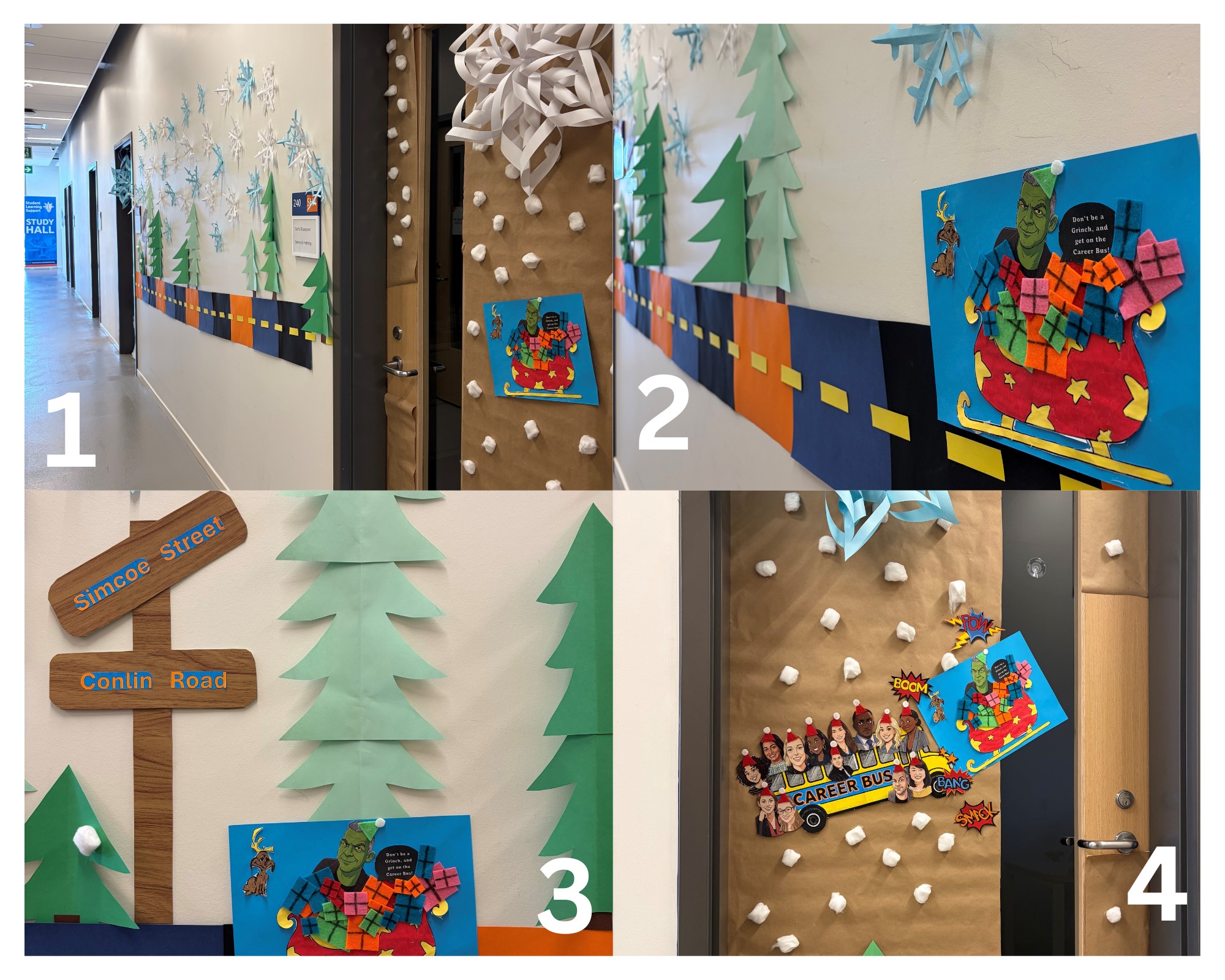 Colorful holiday decorations, including paper snowflakes and themed artwork, adorn a school hallway, enhancing the festive atmosphere.