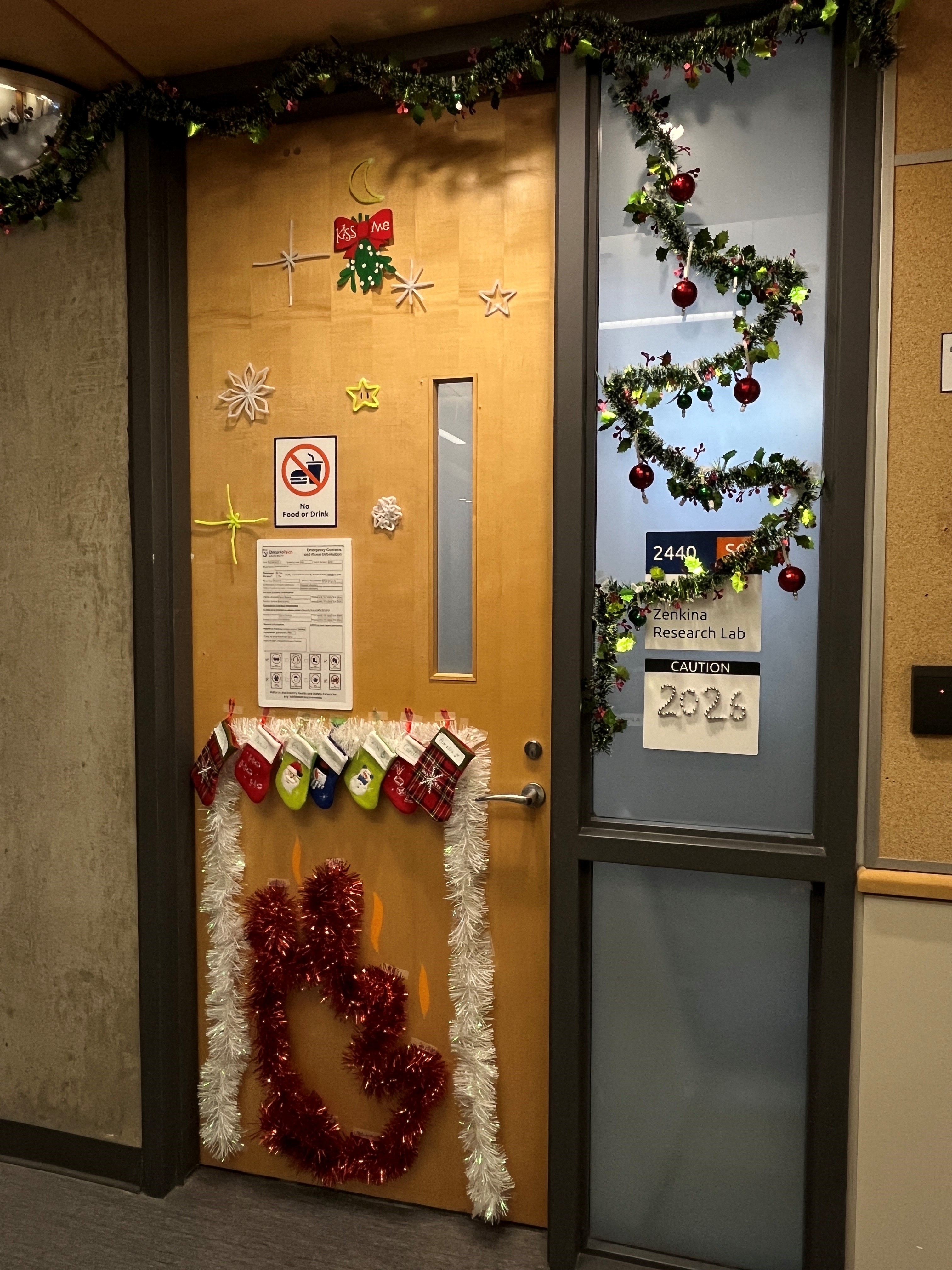 Decorated door for a holiday celebration, featuring festive ornaments, garlands, and stockings.