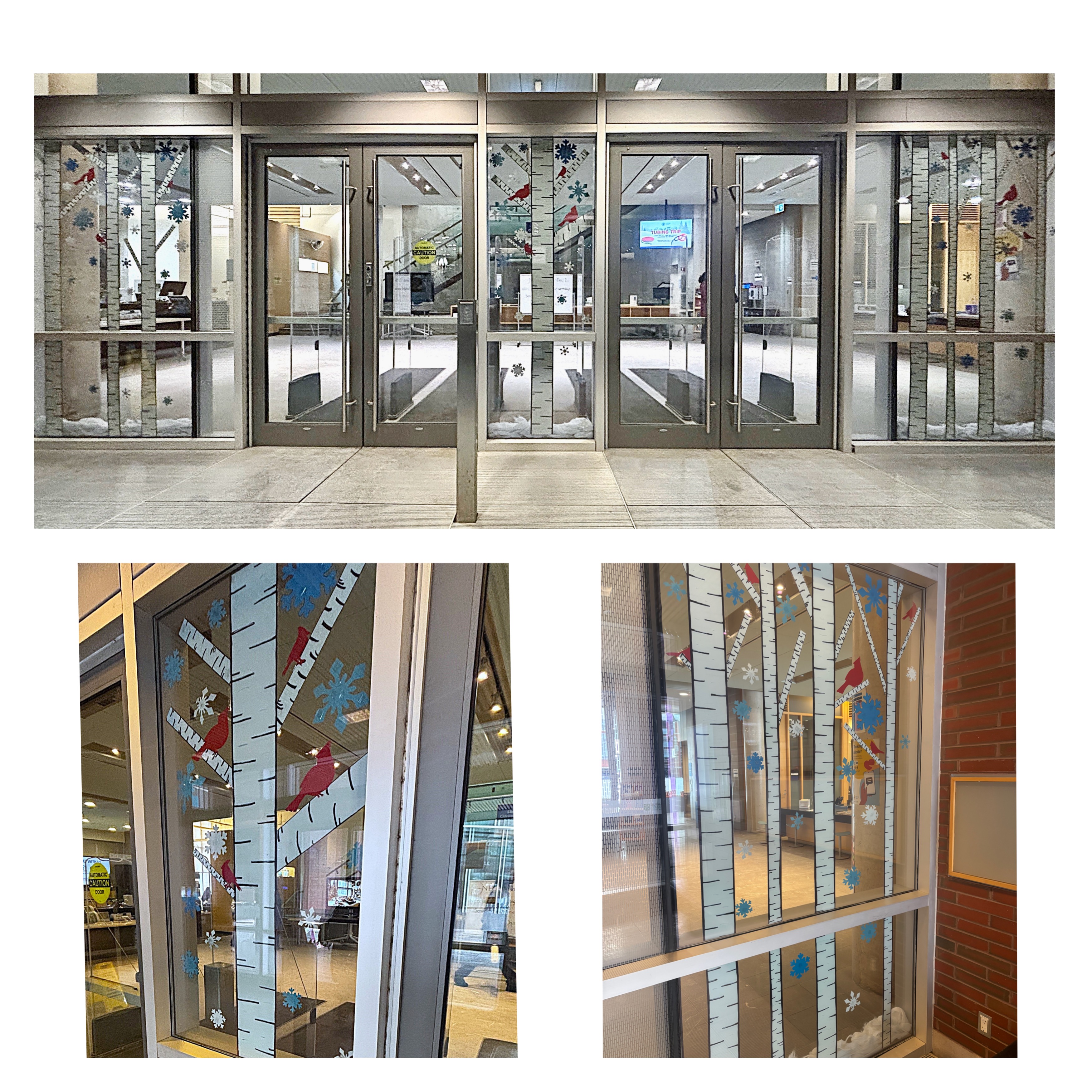 Decorative entrance doors featuring festive glass designs with snowflakes and holiday elements. The image showcases multiple angles of the door decorations in a modern building.
