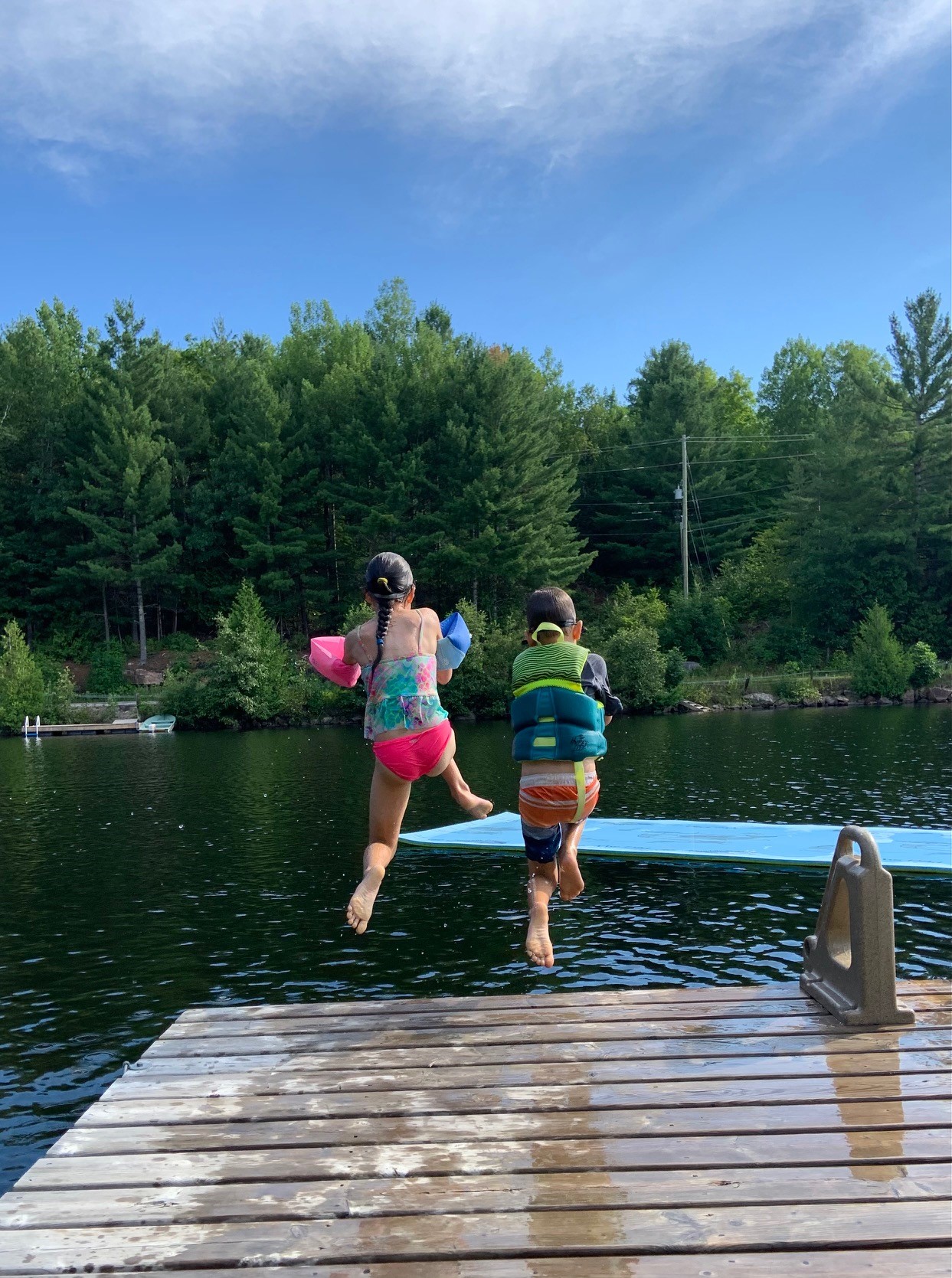 Anita Krupa's kids, jumping off the dock and into the lake