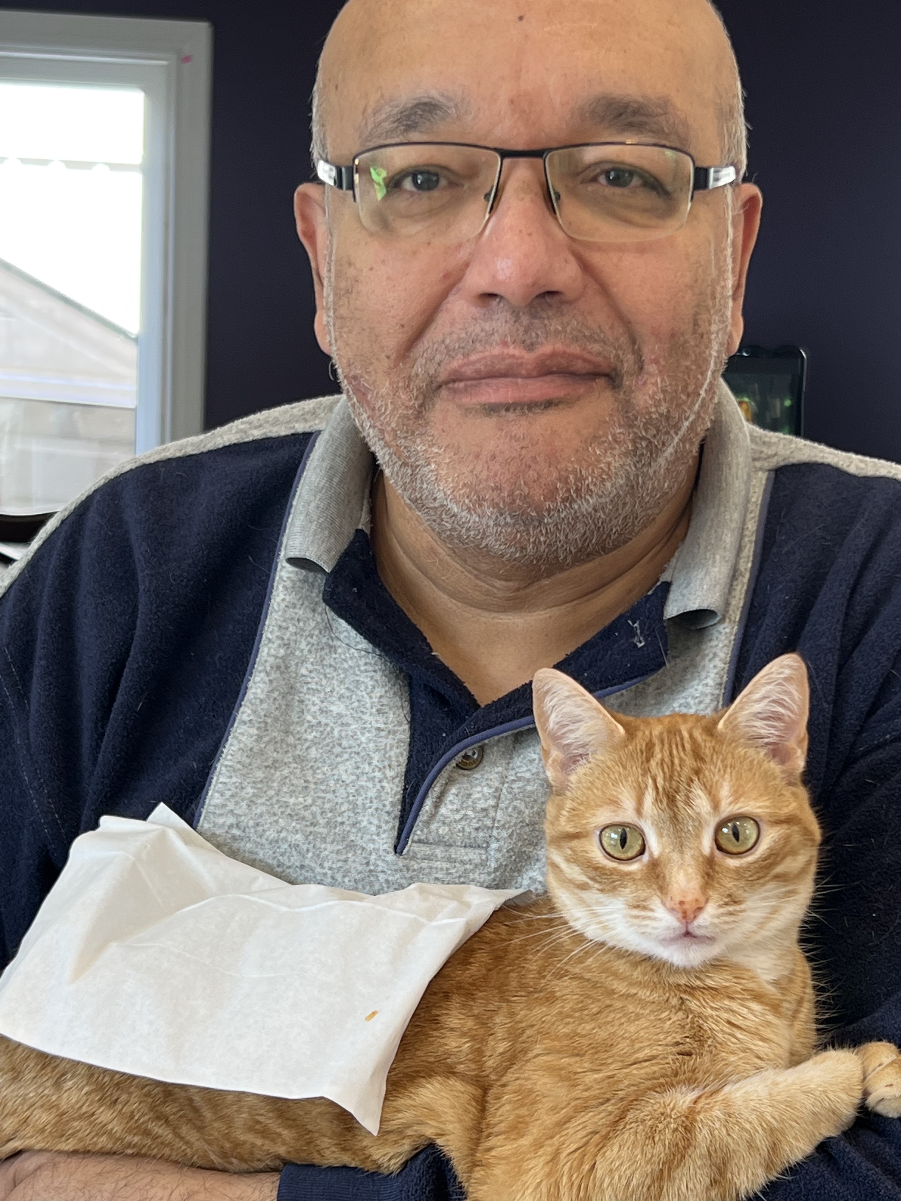 Always keeps me company while eating, I had to cover her with Kleenex so food won't drip on her fur. - Hesham Abdel Al