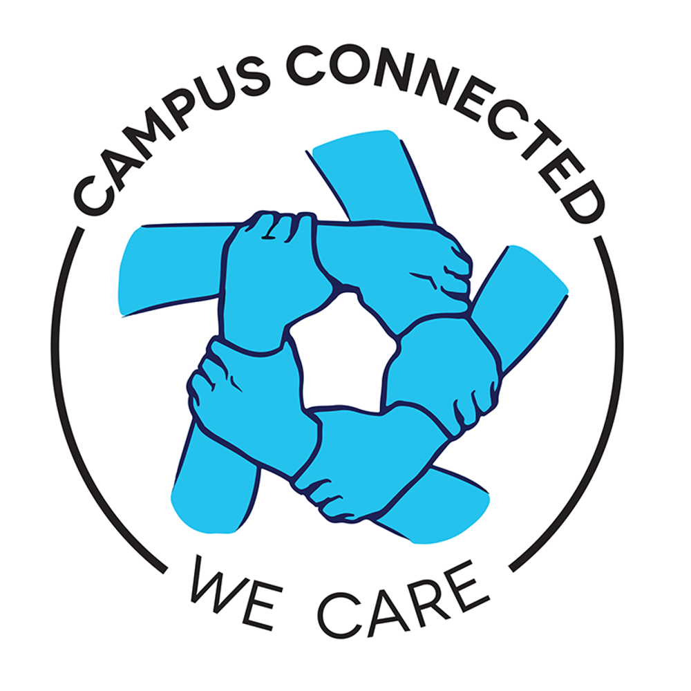 Logo for Campus Connected; five light blue arms interlocked with hands holding the wrist of the next arm to make a star. Darker blue text says "Campus Connected, We Care" in a circle around the arms.