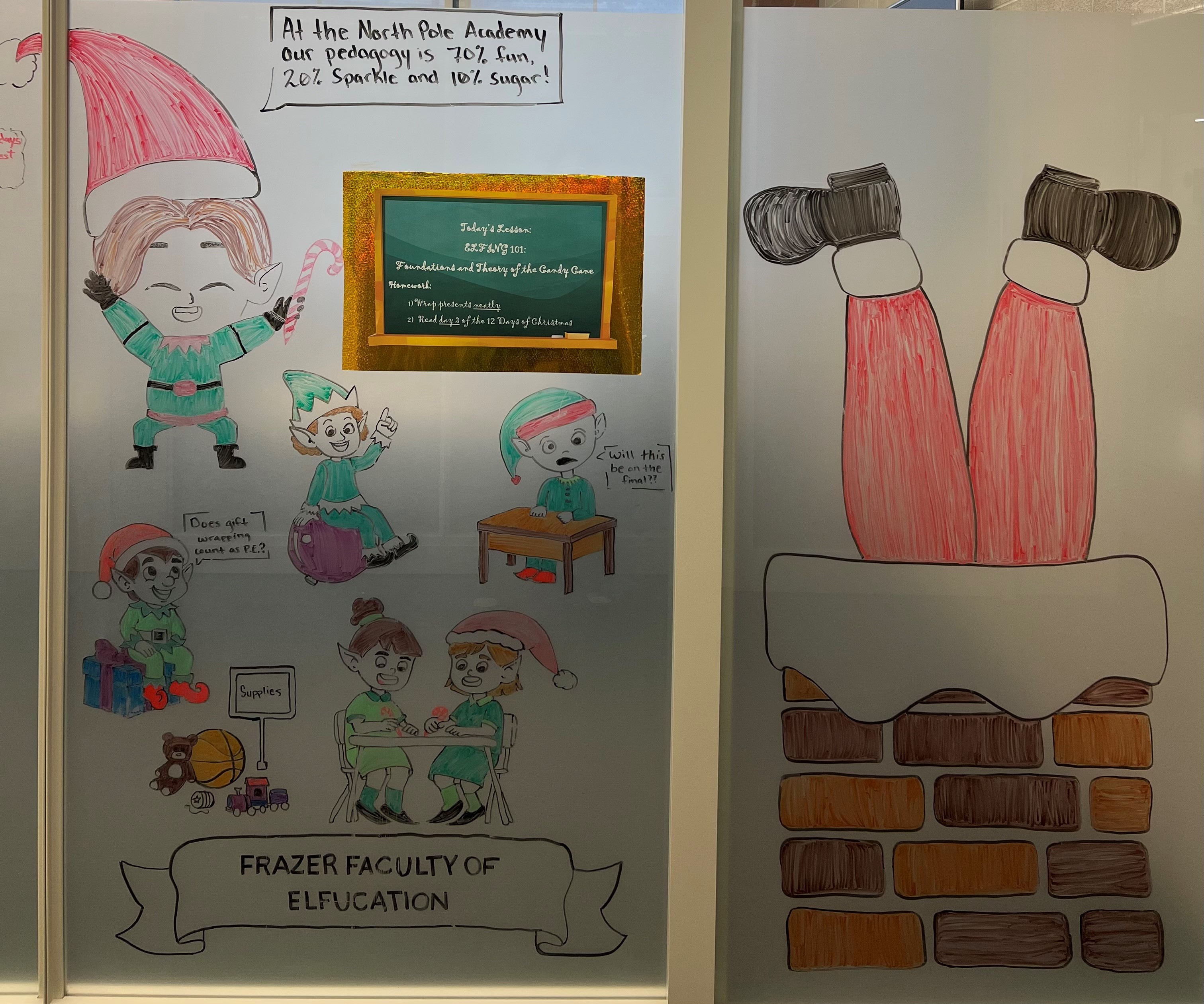Decorative window showing Santa's legs sticking out of a chimney and elves in school