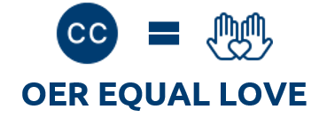 OER equal Love. A CC license, equals sign, hands holding a heart in a mathematical style equation. Icons from icons8.com