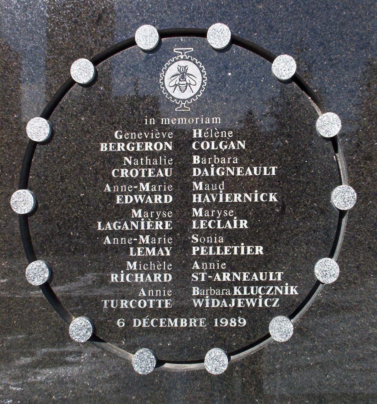 Memorial plaque honouring the 14 women who were killed at ecole polytechnique montreal