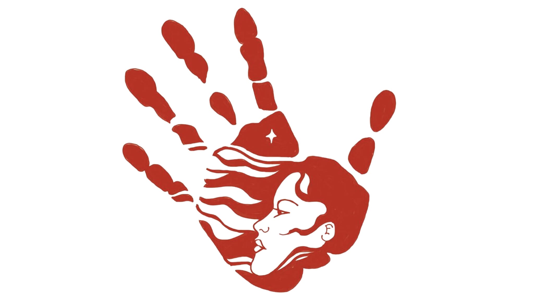 Illustration by Sarah Whalen-Lunn, an Inuit artist, featuring a woman in a handprint with her hair blowing in the wind and the northern star,