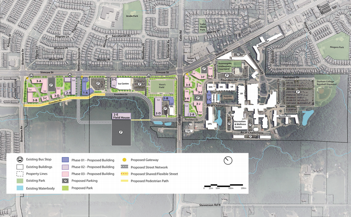 Site plan illustrating the proposed development layout, including existing and proposed buildings, parks, and pathways. Key features include a bus stop, parking areas, and a shared street network.