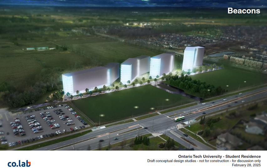 Conceptual rendering of the Ontario Tech University student residence complex, featuring several modern buildings set amidst a green landscape.