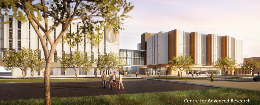 Architectural rendering of the Centre for Advanced Research, showcasing modern buildings surrounded by greenery and people walking.