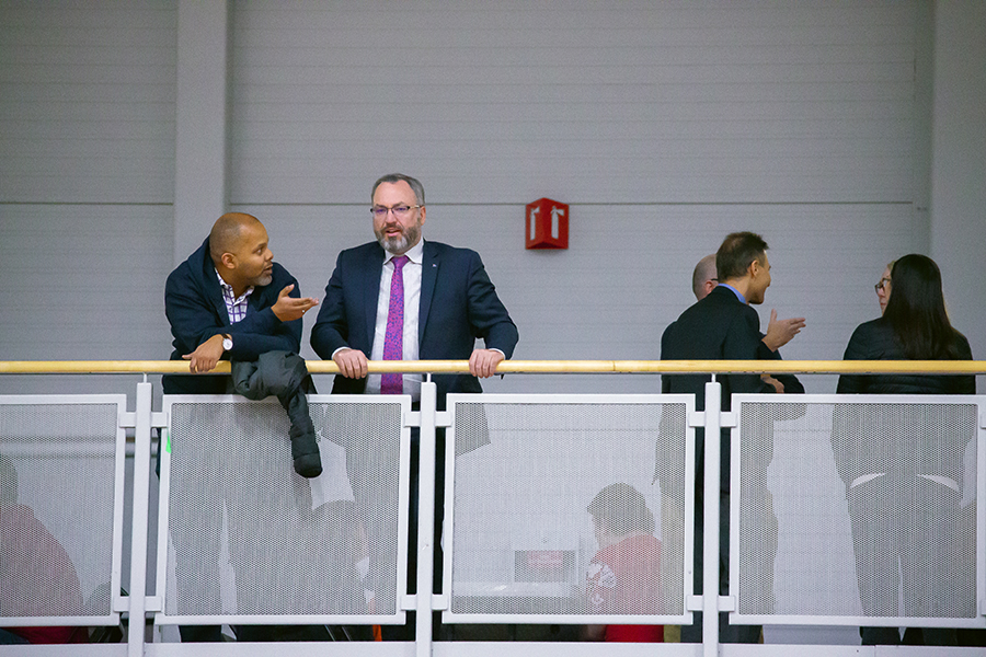 President Steven Murphy speaking with Osman Hamid, Director, Creativity and Entrepreneurship, at an on-campus event at 鶹ý University.