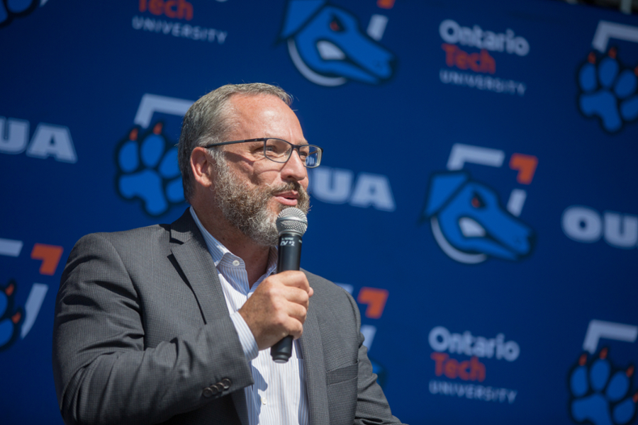 President Steven speaking at a campus event