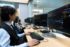 student looking at dual monitor screens with graphs