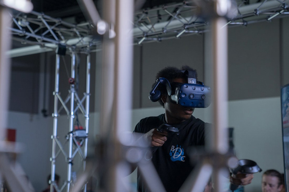 student using vr headset