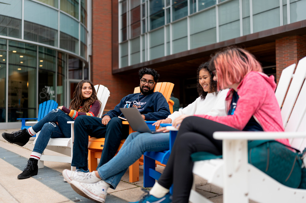 Students outside of library. 