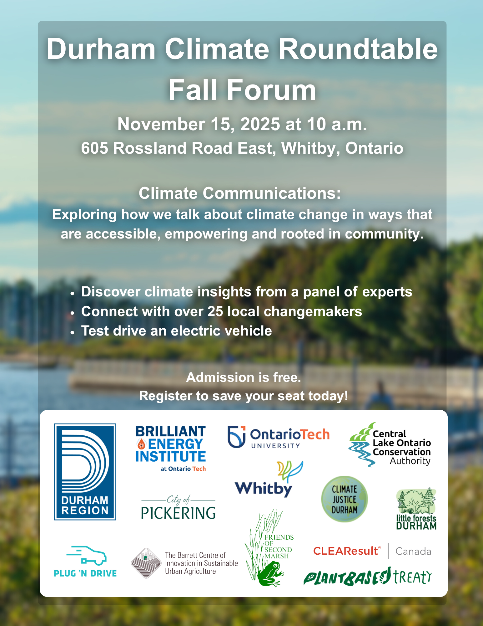 Durham Climate Roundtable Fall Forum planned for November 15, 2025 at 10a.m. hosted at the Durham Regional Headquarters in Whitby.