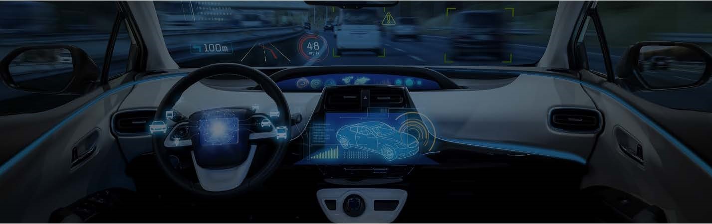 An interior of a car with futuristic elements such as holograms on the dashboard