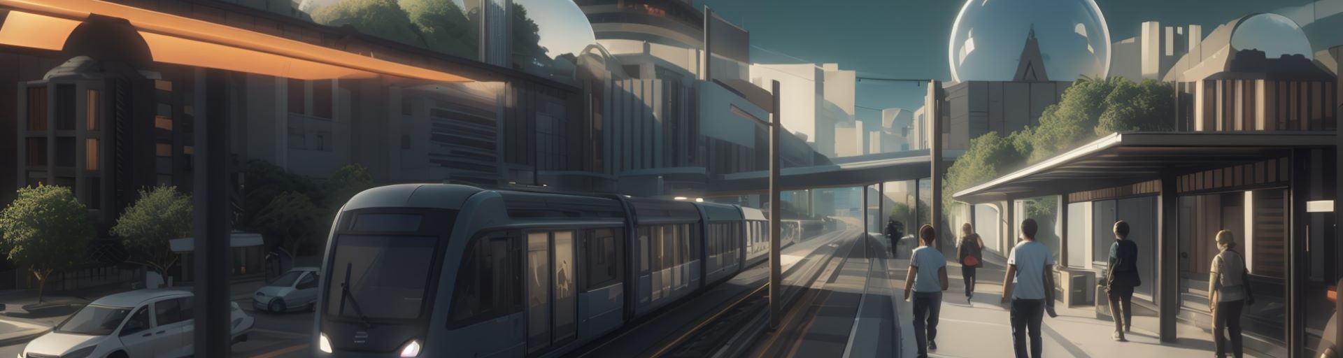 sketch of a futuristic city showing a train, pedestrians and futuristic looking buildings