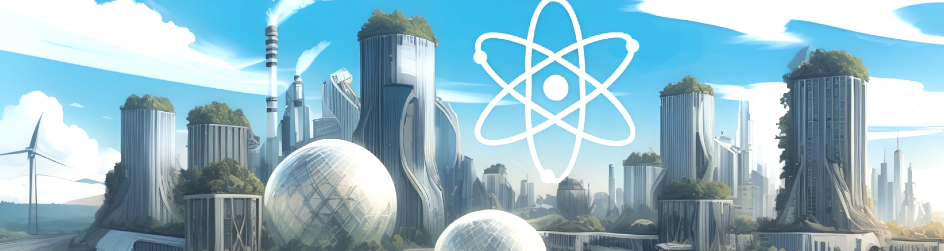 Artistic rendering of futuristic city with an atom in the sky representing a future incorporating nuclear technology