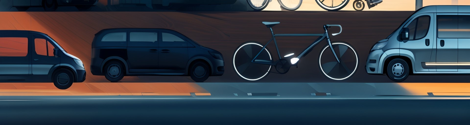 An abstract orange and black image depicting vehicles and a bicycle