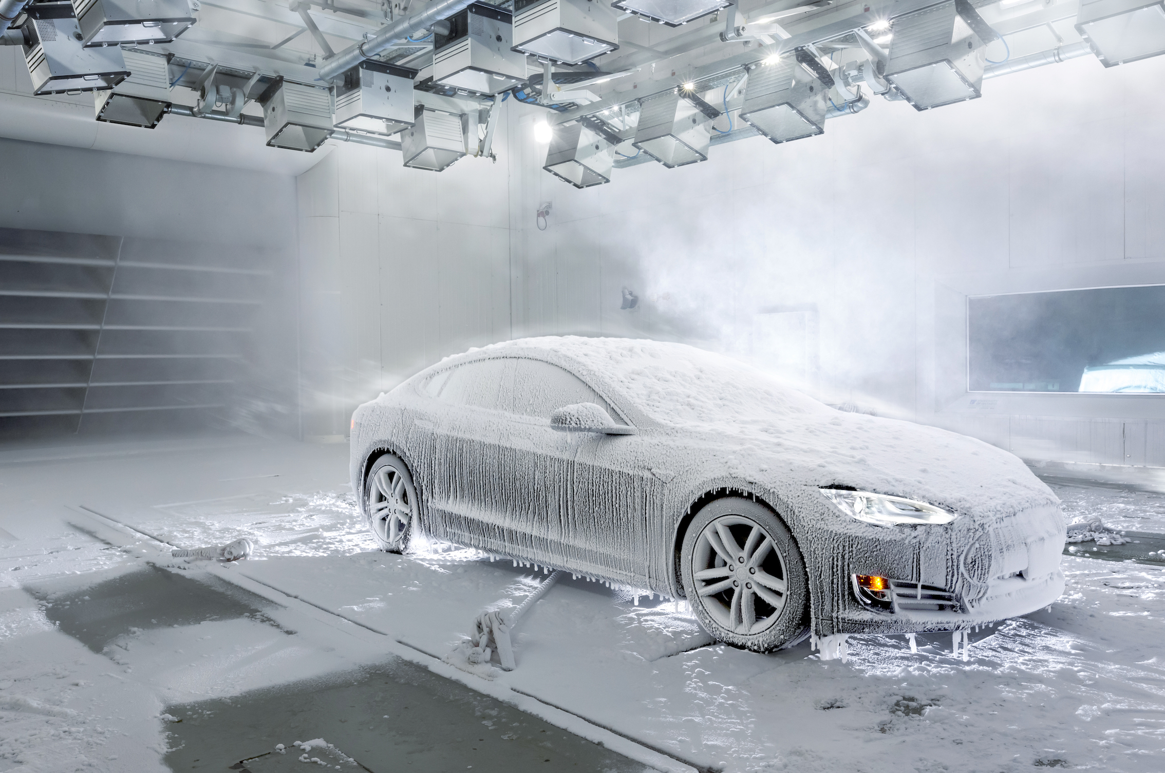 The cold weather testing wind tunnel with a car being tested
