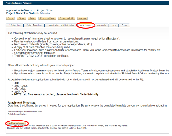 Screenshot of an open application. Top red circle highlights the “Attachments” tab. Second red circle highlights “Add Attachment” button.  