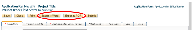 Screenshot of an open application. Red circle highlights the “Export to Word” and “Export to PDF” button. 