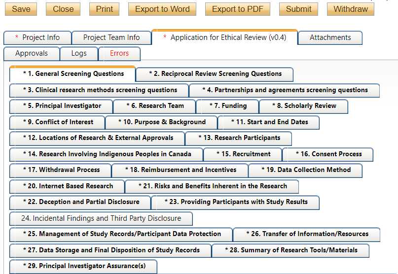 Screenshot of “Application for Ethical Review” showing 29-sub tabs covering different aspects of research application. 