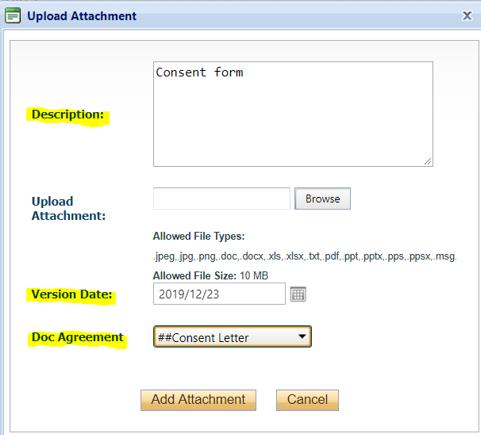 Screenshot of “Upload attachment” box. Showing a field box for description of the file attachment, version date and dropdown menu for doc agreement. 