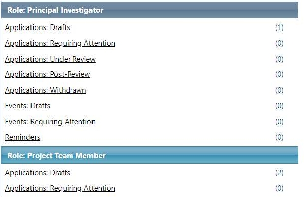 Screenshot of Investigator IRIS homepage. The homepage shows the user's role as Principal investigator (PI), Project team member, the stages of the application, and reminders of application tasks.  