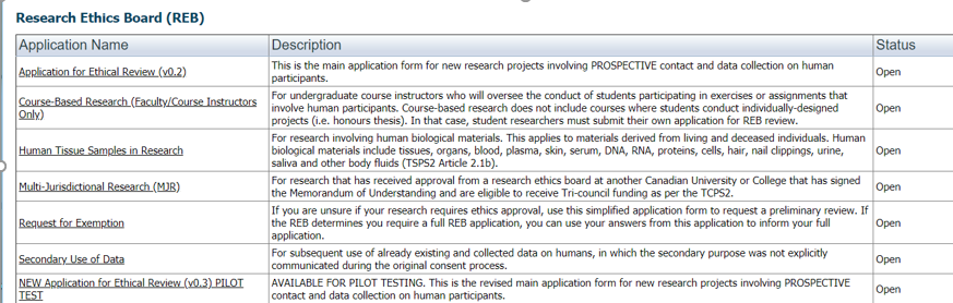 Screenshot of types of REB applications and respective descriptions.