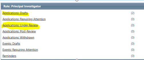 Close view of screenshot of the “Homepage” tab. Highlighting the “Application: Drafts” link and the “Applications: Under Review” link. 