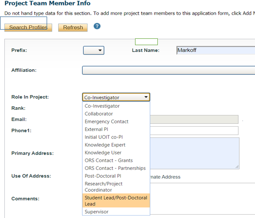 Screenshot of “Project Team Member Info” section. Shows the “Search Profiles” button and field boxes to fill with the name, affiliation, rank or position, institution, and contact information of new team members that are not IRIS members.