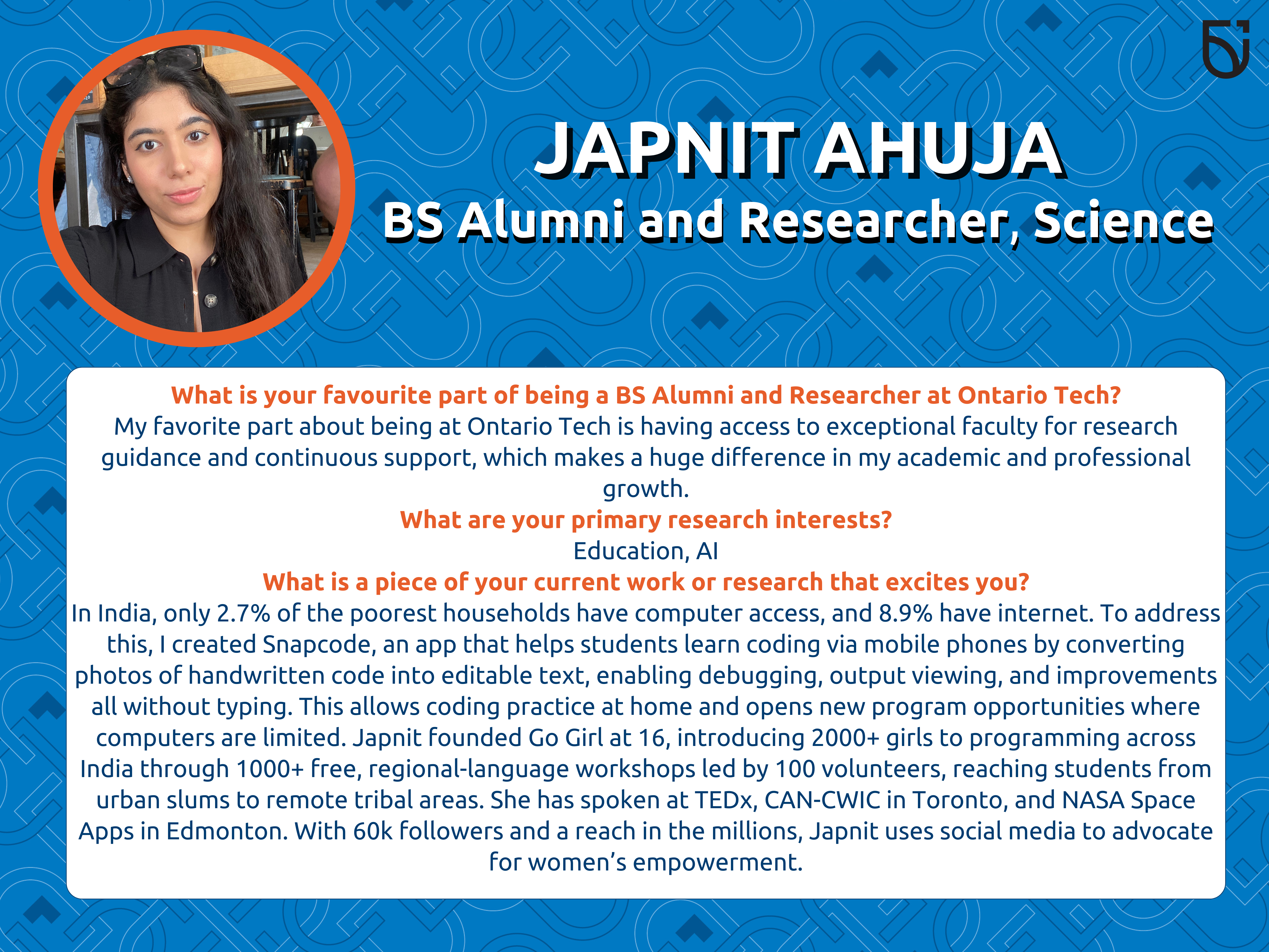 This photo is a Women's Wednesday feature of Japnit Ahuja, a BS Alumni and Researcher in the Faculty of Science