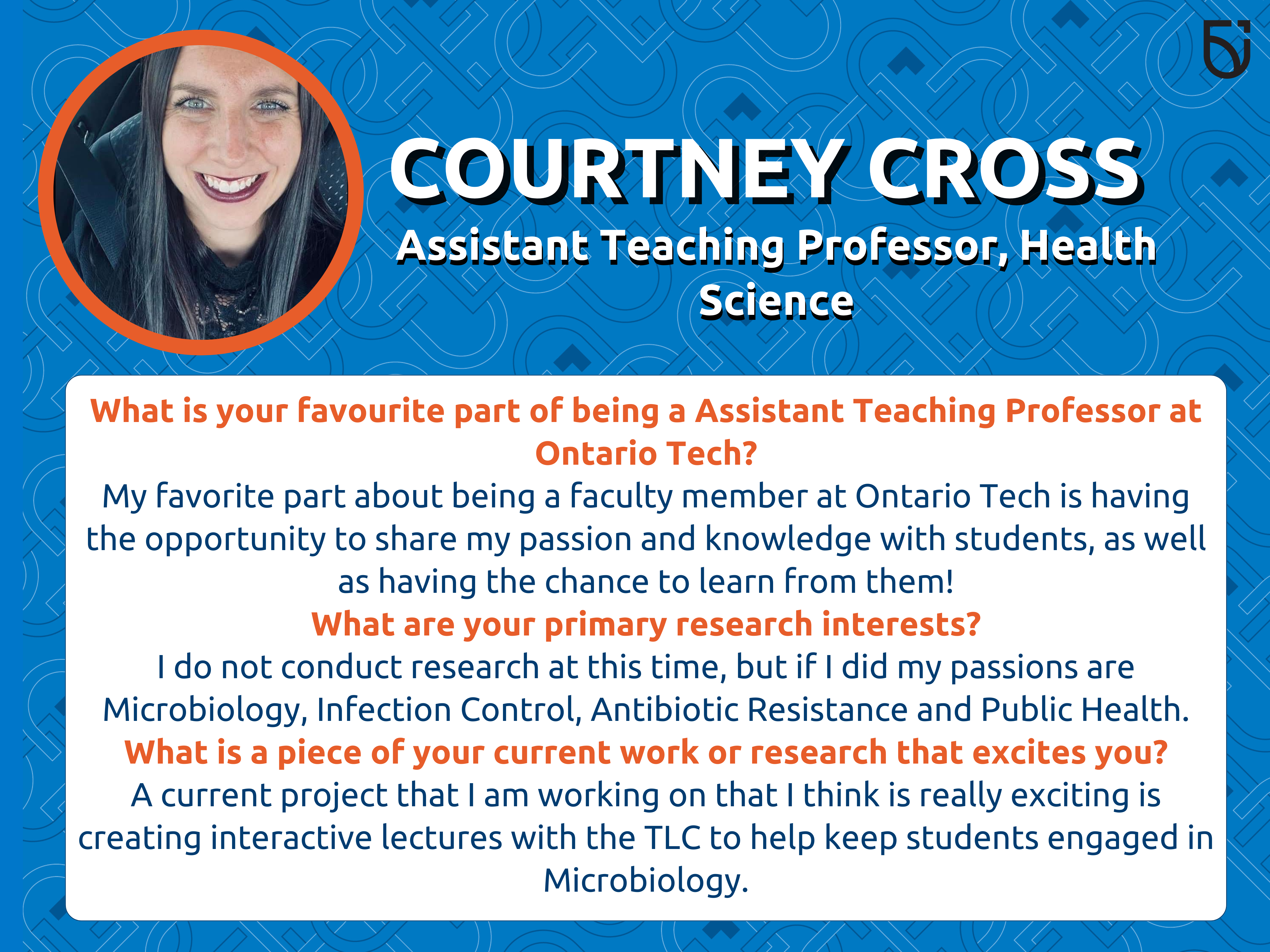 This photo is a Women's Wednesday feature of Courtney Cross, an Assistant Teaching Professor in the Faculty of Health Sciences