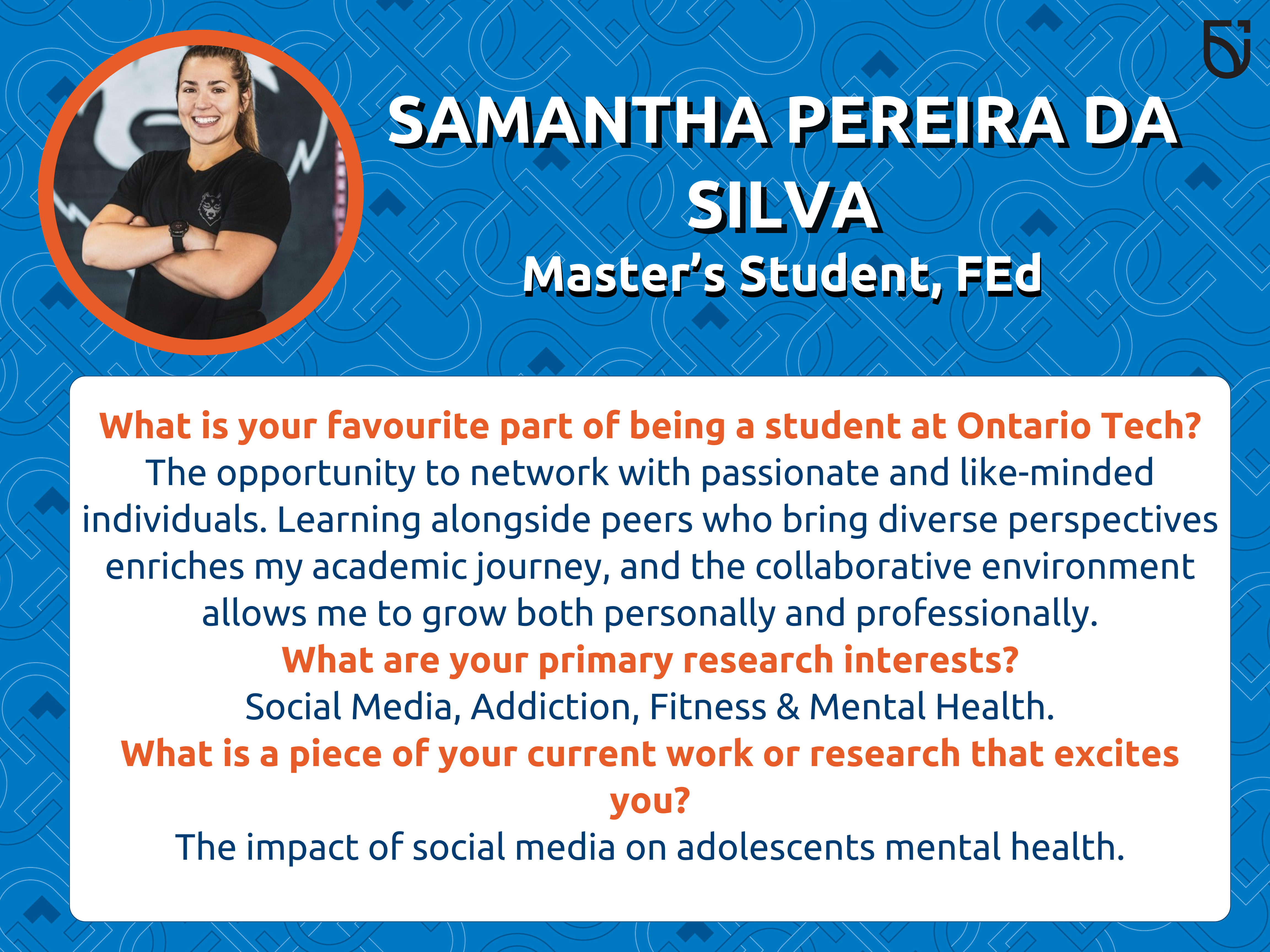 This photo is a Women's Wednesday feature of Samantha Pereira da Silva, a Master's Student in the Mitch and Leslie Frazer Faculty of Education