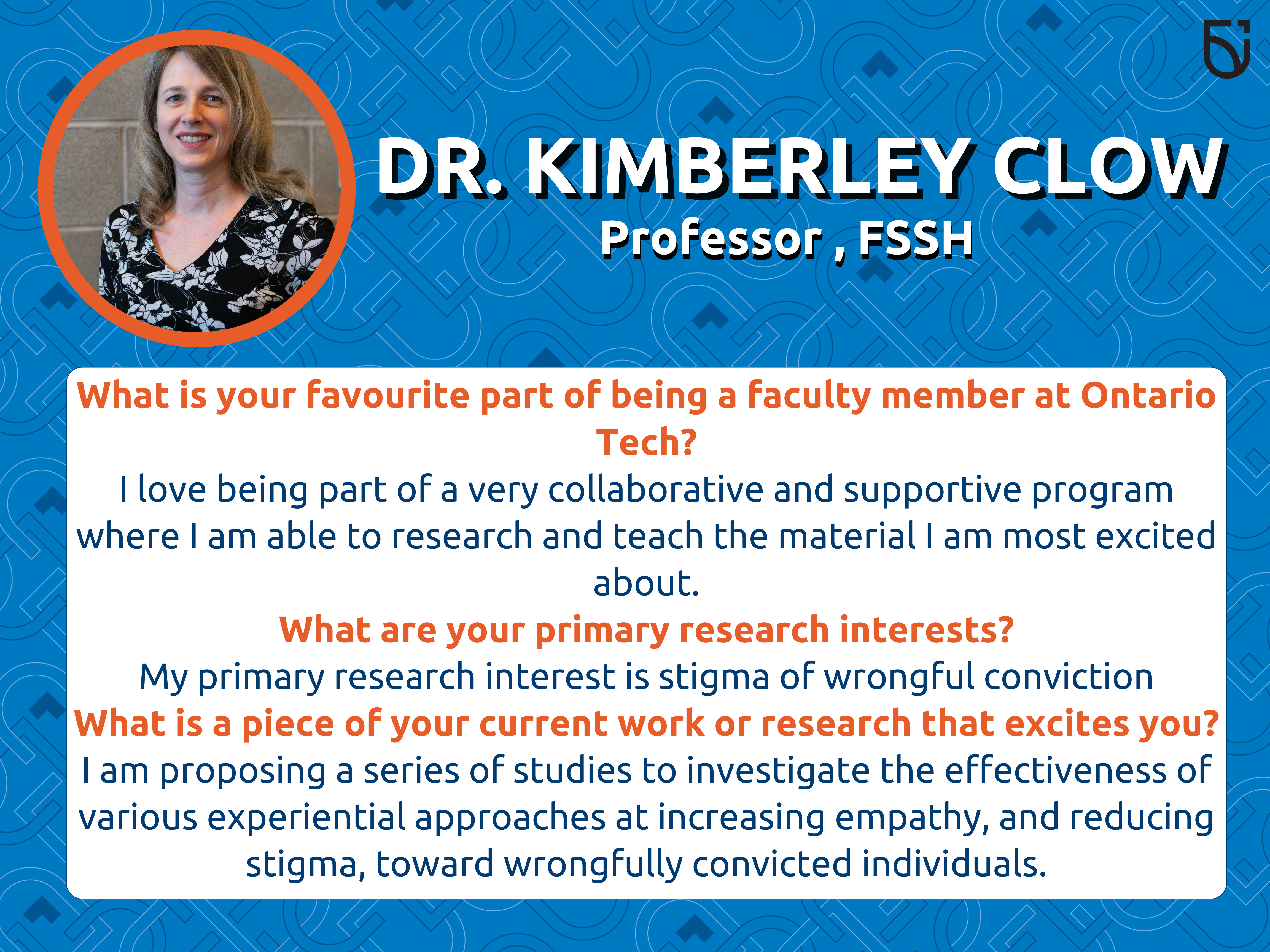 This photo is a Women's Wednesday feature of Dr. Kim Clow, a Professor in the Faculty of Social Science and Humanities